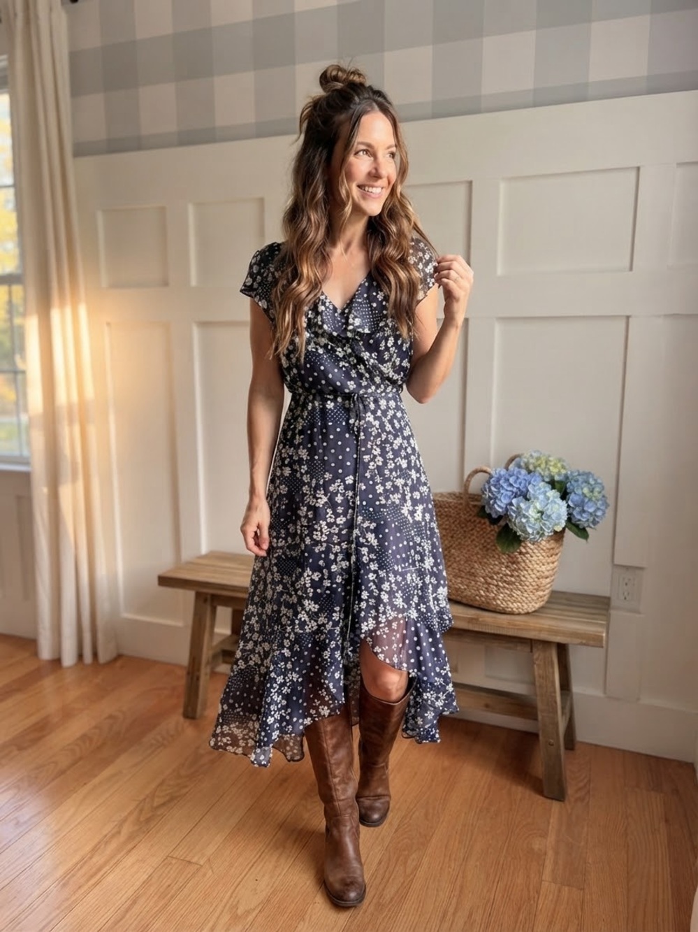 LC Lauren Conrad Navy and White Floral High-Low Wrap Dress 1X